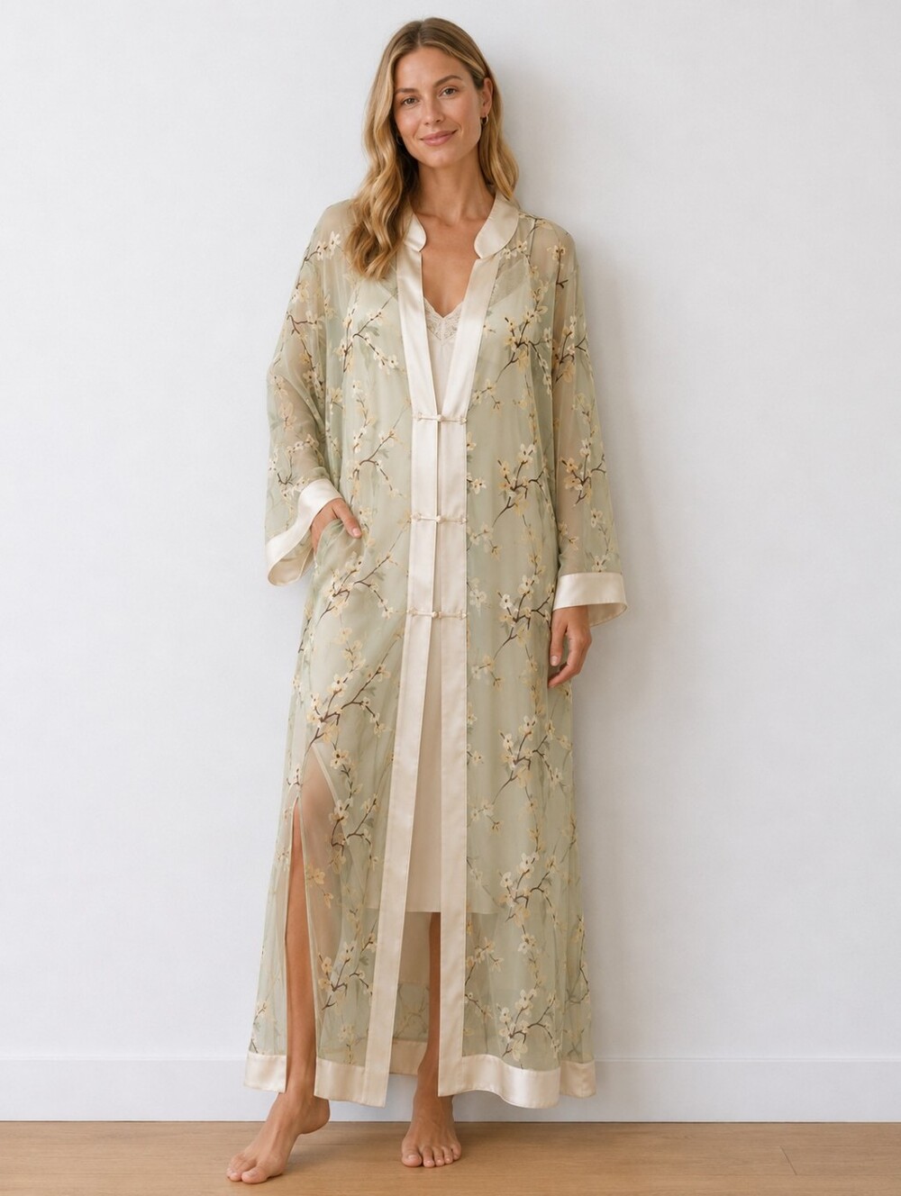 Dreamsacks Silk Floral Sheer Robe Kimono Sz S/M Oriental Light Green Cream Trim